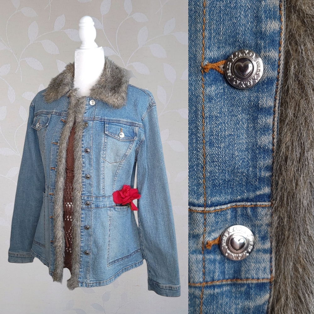 Vintage Y2k Fur Trim Denim Slim Fit Jacket XOXO